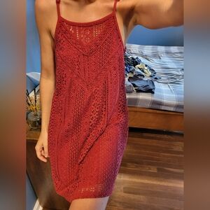 Maroon High Neck Lace Mini Dress